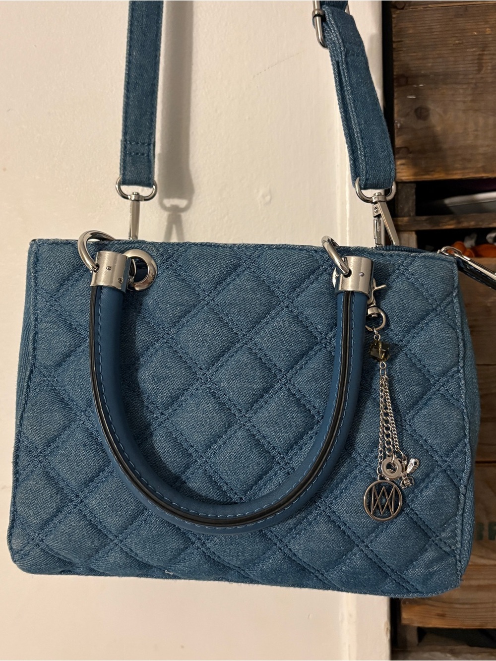 Marikai Quilted Blue Denim Crossbody Tote Bag Medium Size Purse with Charm